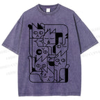 Unisex Cat Graffiti Printed Washed Tee