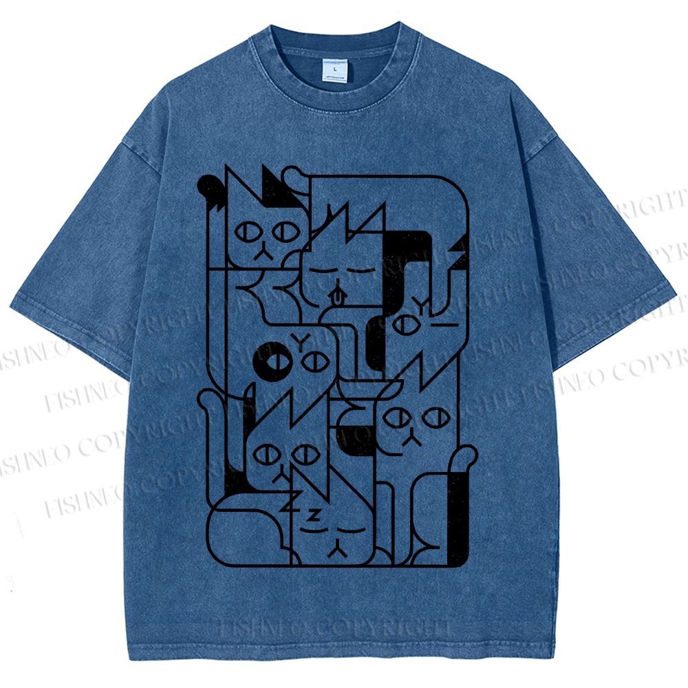 Unisex Cat Graffiti Printed Washed Tee