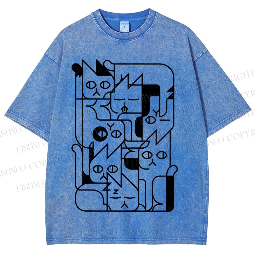 Unisex Cat Graffiti Printed Washed Tee