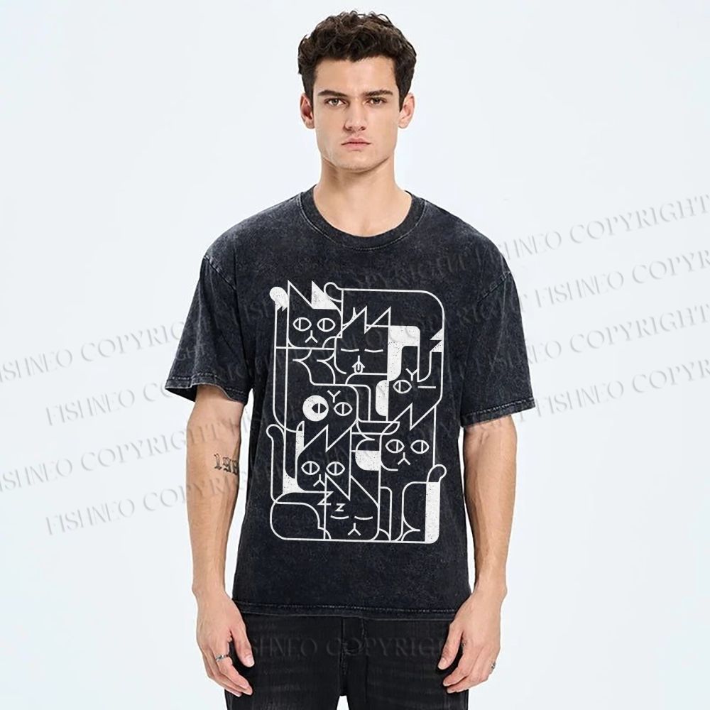 Unisex Cat Graffiti Printed Washed Tee
