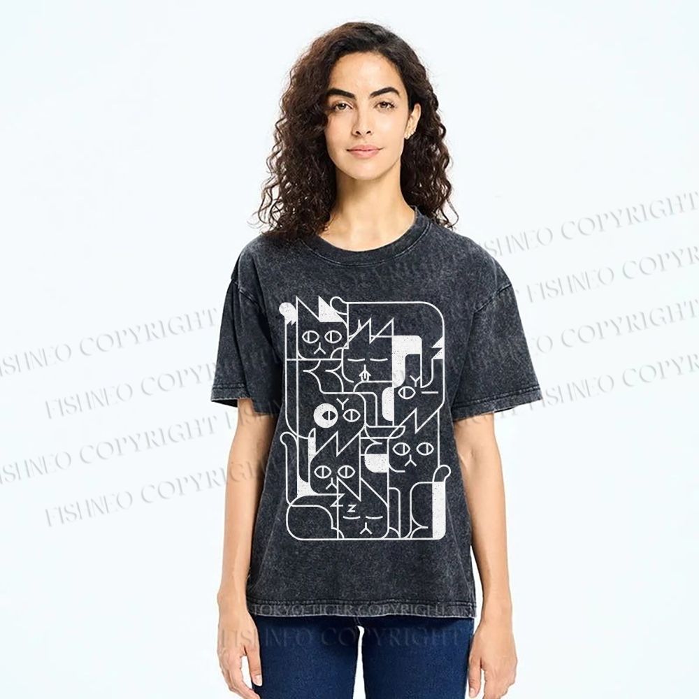 Unisex Cat Graffiti Printed Washed Tee