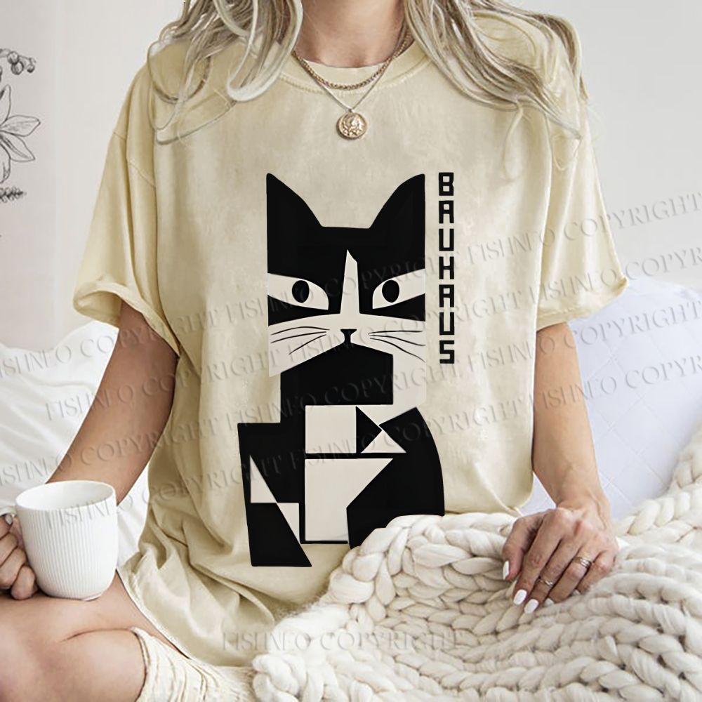 Unisex Vintage Bauhaus Cat Design Printed Washed Tee