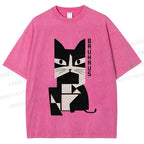 Unisex Vintage Bauhaus Cat Design Printed Washed Tee