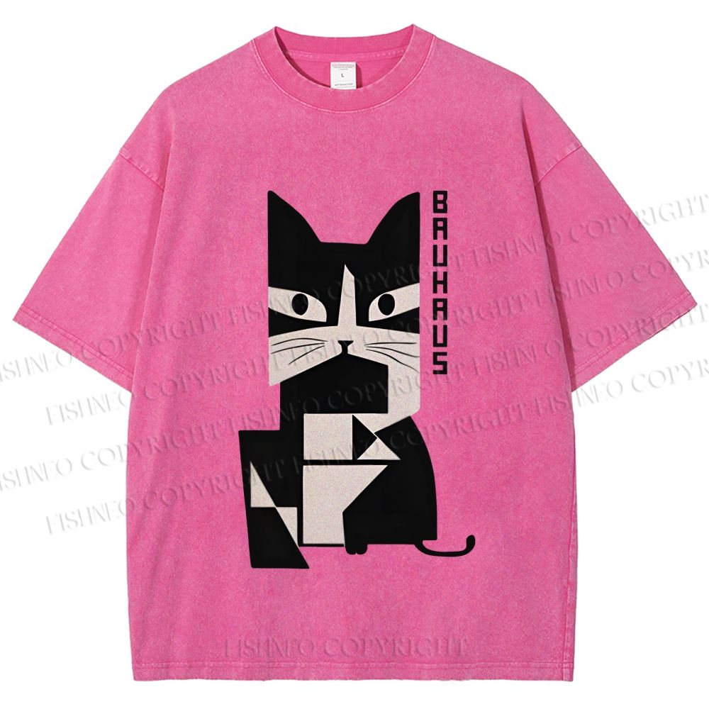 Unisex Vintage Bauhaus Cat Design Printed Washed Tee