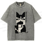 Unisex Vintage Bauhaus Cat Design Printed Washed Tee