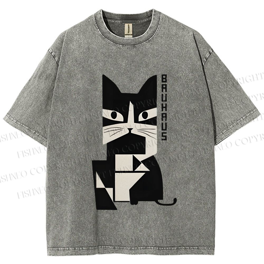 Unisex Vintage Bauhaus Cat Design Printed Washed Tee