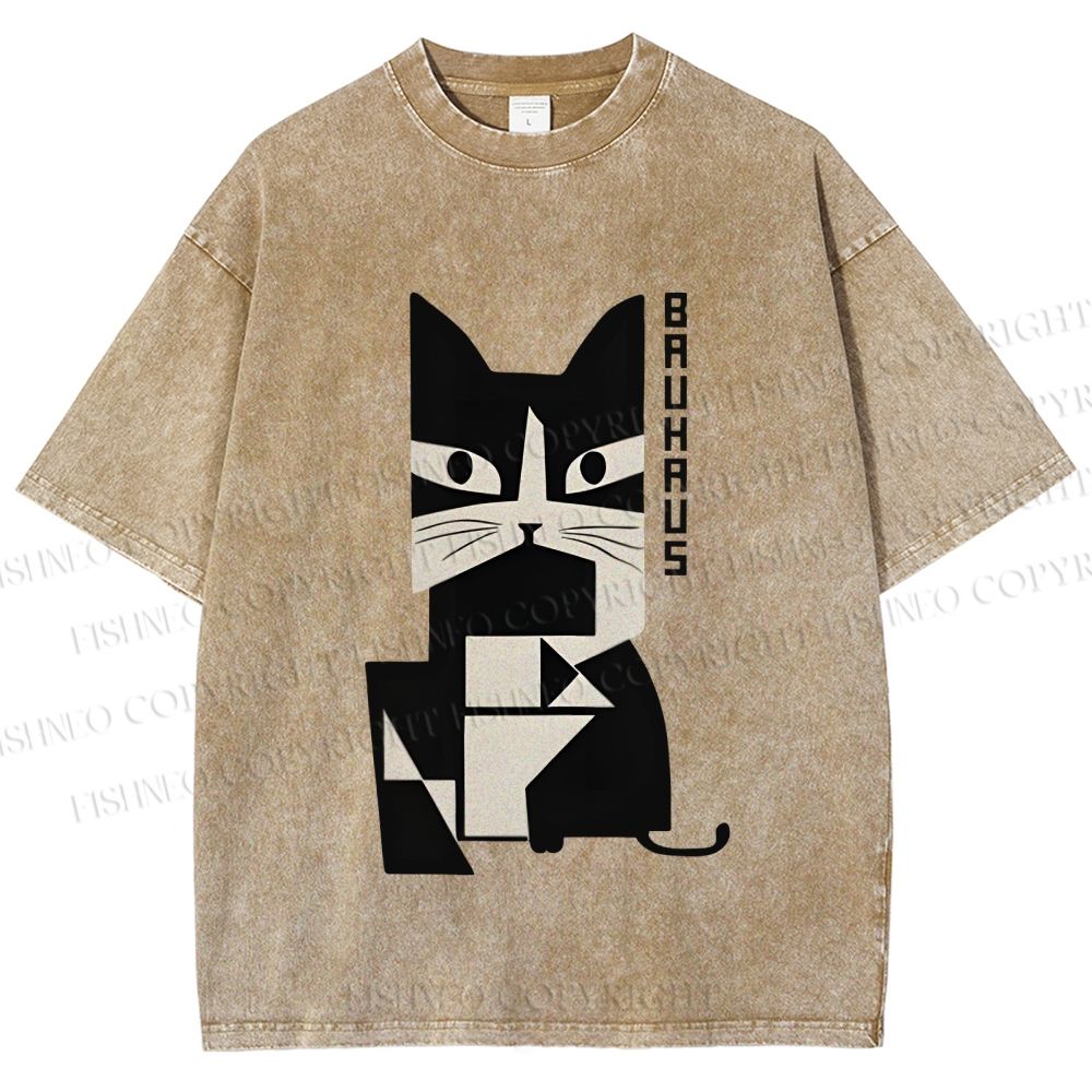 Unisex Vintage Bauhaus Cat Design Printed Washed Tee