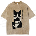 Unisex Vintage Bauhaus Cat Design Printed Washed Tee