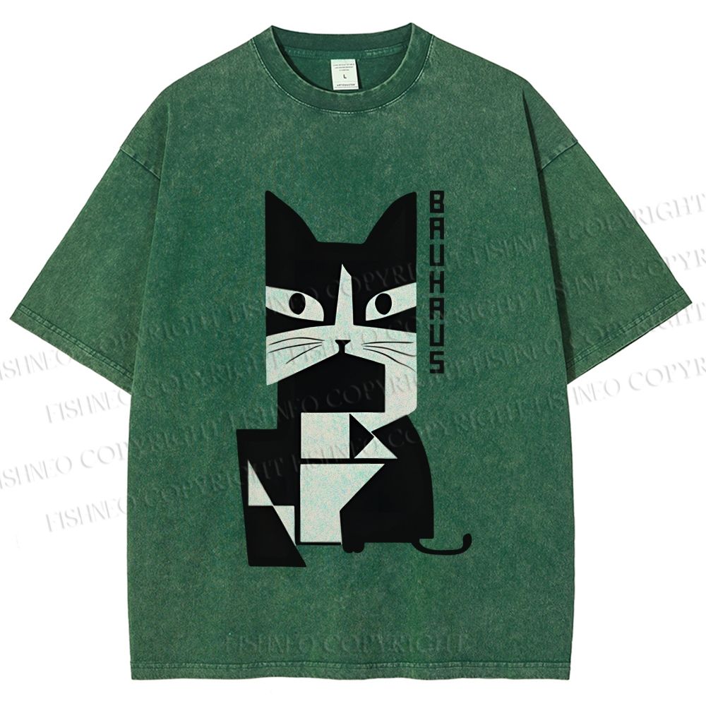Unisex Vintage Bauhaus Cat Design Printed Washed Tee