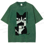 Unisex Vintage Bauhaus Cat Design Printed Washed Tee