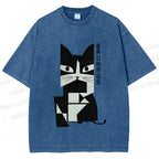 Unisex Vintage Bauhaus Cat Design Printed Washed Tee