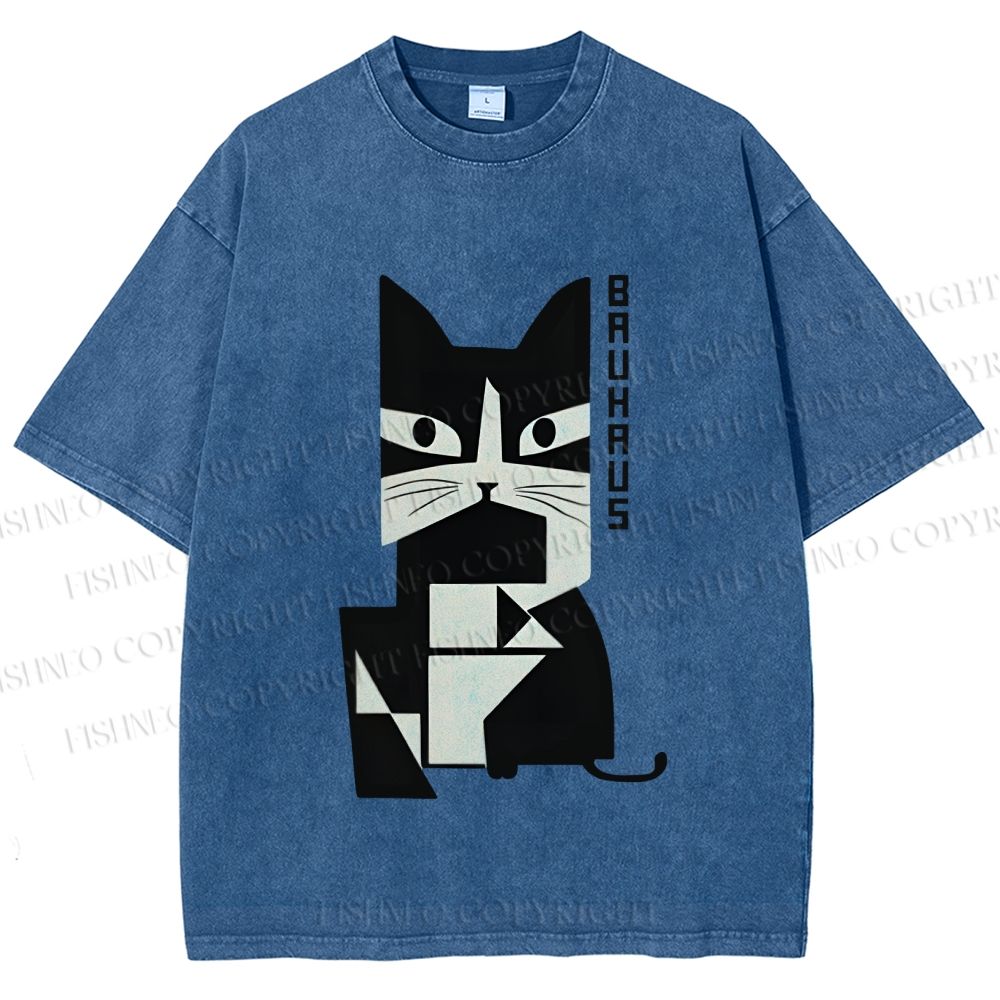 Unisex Vintage Bauhaus Cat Design Printed Washed Tee
