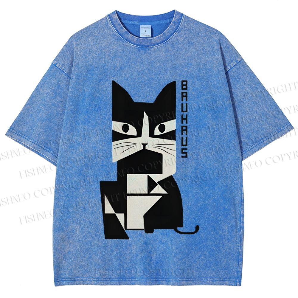 Unisex Vintage Bauhaus Cat Design Printed Washed Tee