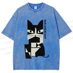 Unisex Vintage Bauhaus Cat Design Printed Washed Tee