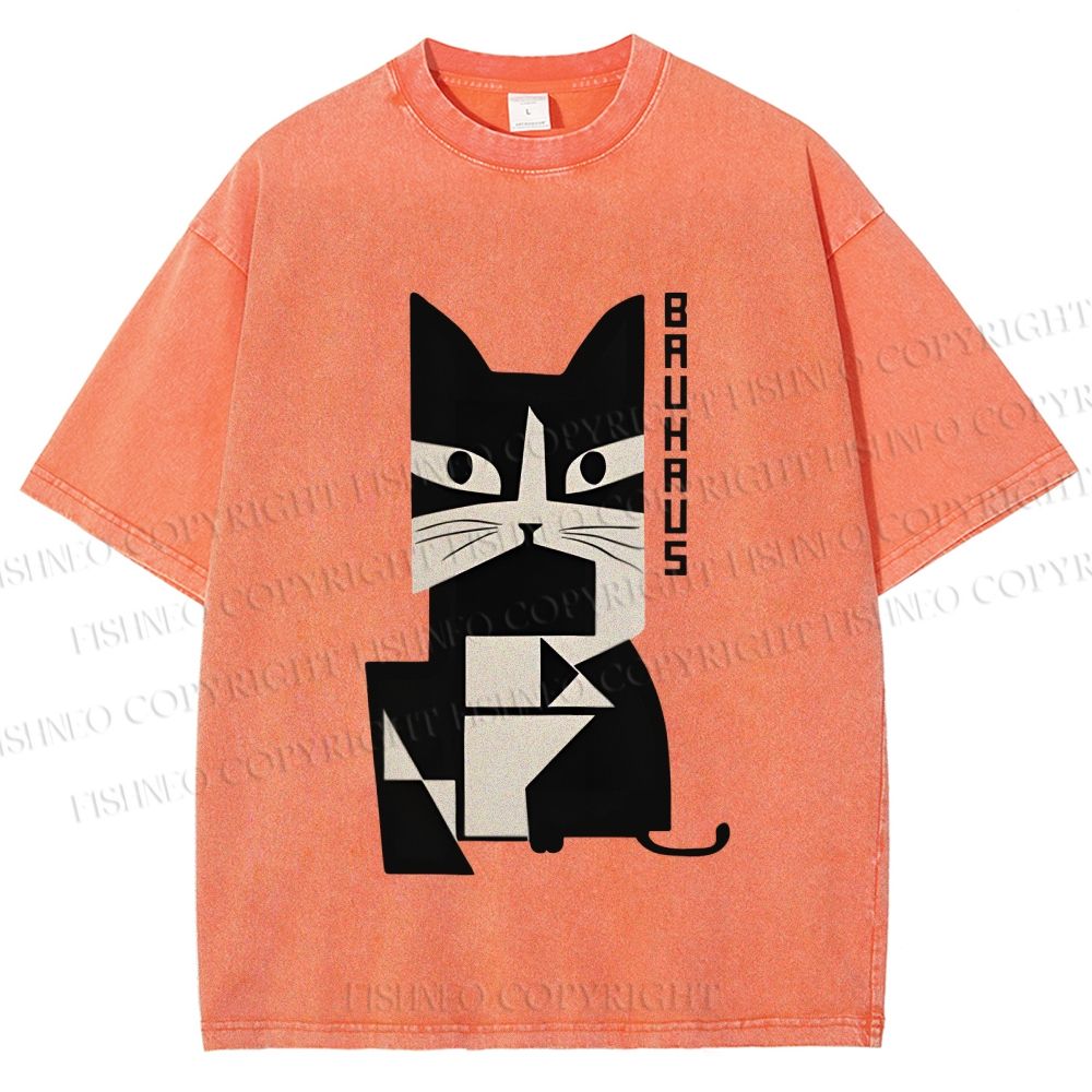 Unisex Vintage Bauhaus Cat Design Printed Washed Tee