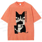 Unisex Vintage Bauhaus Cat Design Printed Washed Tee