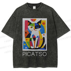 Unisex Vintage Picatso Cat Graffiti Printed Washed Tee
