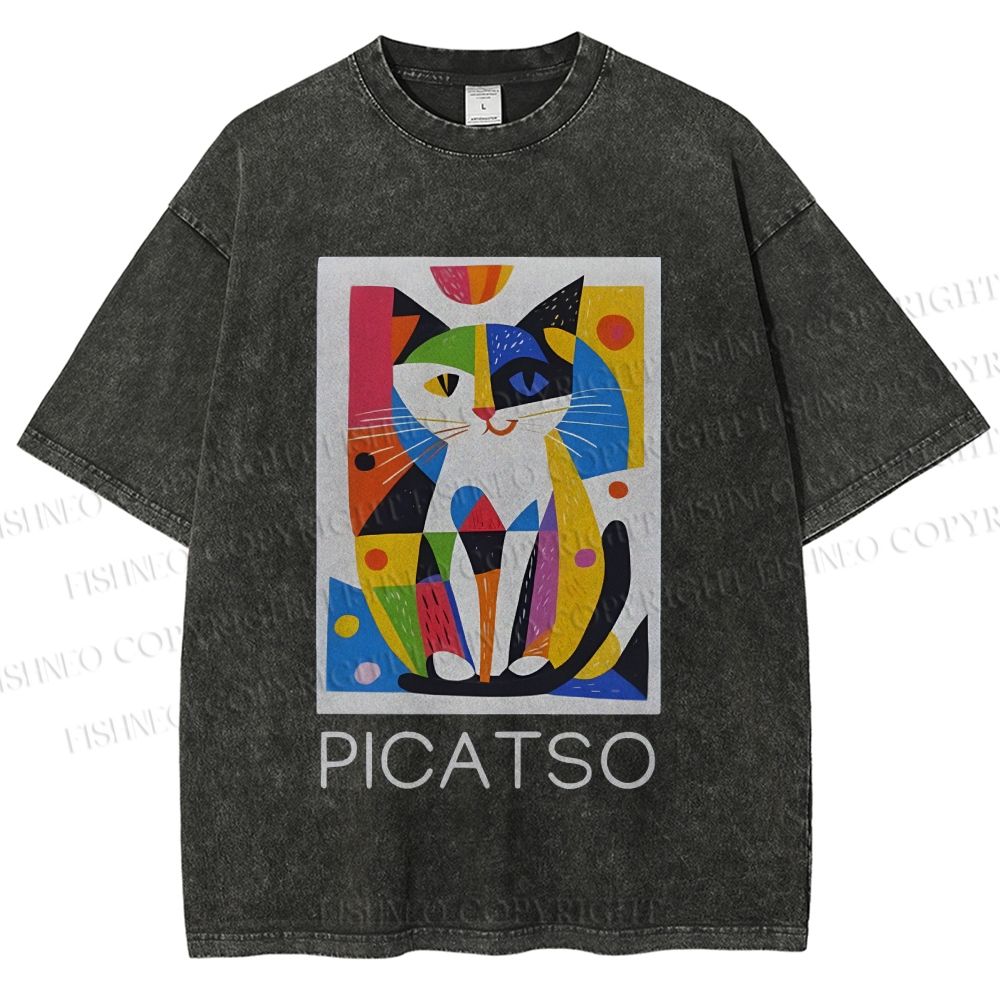 Unisex Vintage Picatso Cat Graffiti Printed Washed Tee