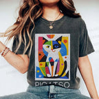 Unisex Vintage Picatso Cat Graffiti Printed Washed Tee