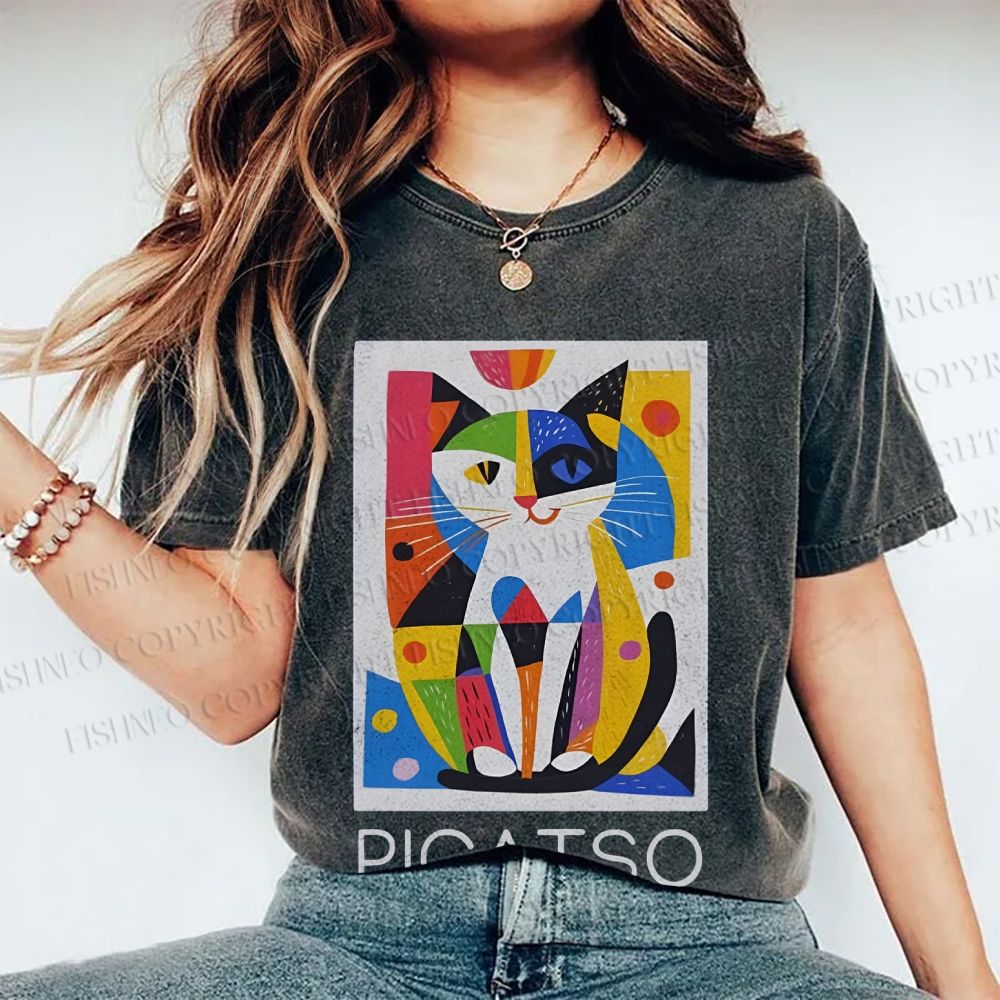 Unisex Vintage Picatso Cat Graffiti Printed Washed Tee
