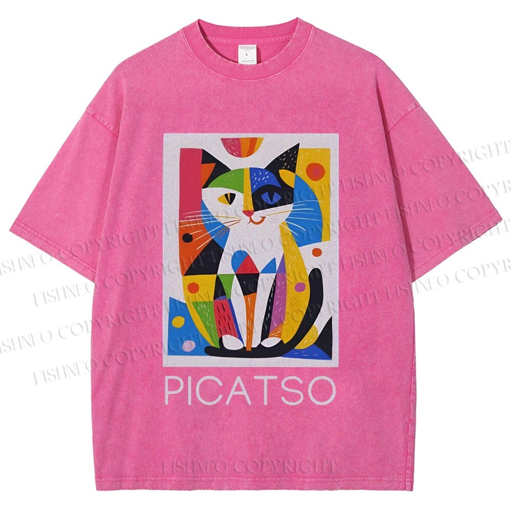Unisex Vintage Picatso Cat Graffiti Printed Washed Tee