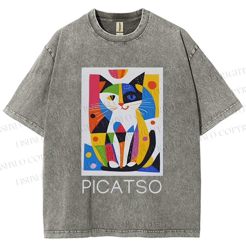 Unisex Vintage Picatso Cat Graffiti Printed Washed Tee
