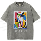 Unisex Vintage Picatso Cat Graffiti Printed Washed Tee