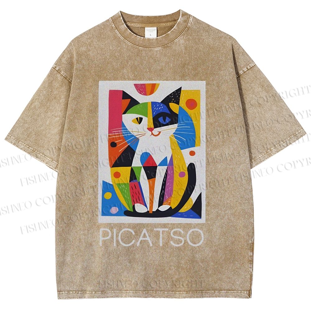 Unisex Vintage Picatso Cat Graffiti Printed Washed Tee