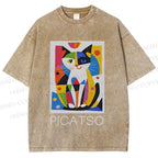 Unisex Vintage Picatso Cat Graffiti Printed Washed Tee