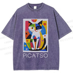 Unisex Vintage Picatso Cat Graffiti Printed Washed Tee