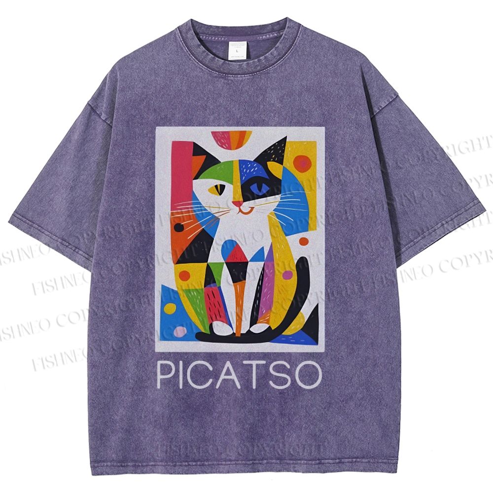 Unisex Vintage Picatso Cat Graffiti Printed Washed Tee