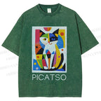 Unisex Vintage Picatso Cat Graffiti Printed Washed Tee