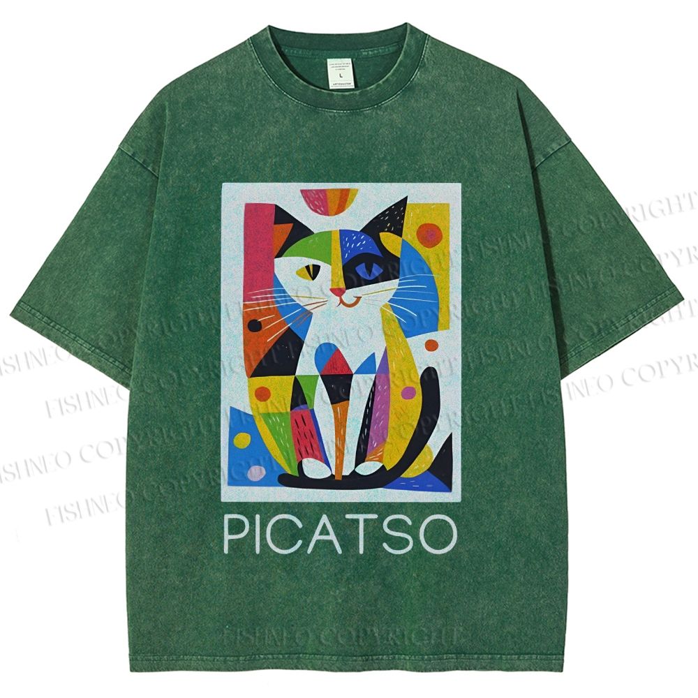 Unisex Vintage Picatso Cat Graffiti Printed Washed Tee