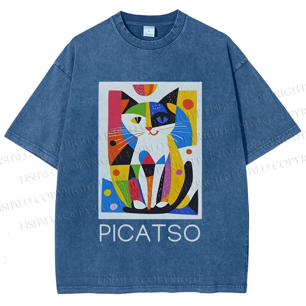 Unisex Vintage Picatso Cat Graffiti Printed Washed Tee