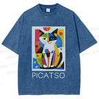 Unisex Vintage Picatso Cat Graffiti Printed Washed Tee
