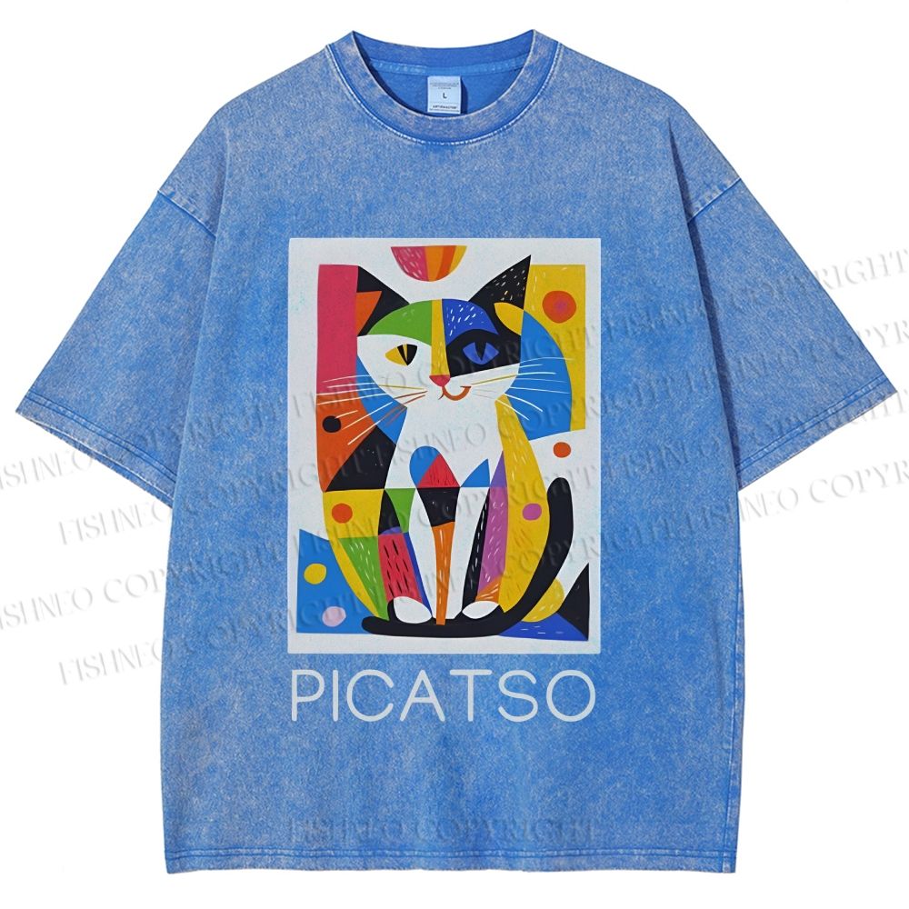 Unisex Vintage Picatso Cat Graffiti Printed Washed Tee