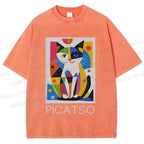 Unisex Vintage Picatso Cat Graffiti Printed Washed Tee