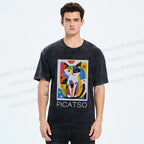 Unisex Vintage Picatso Cat Graffiti Printed Washed Tee