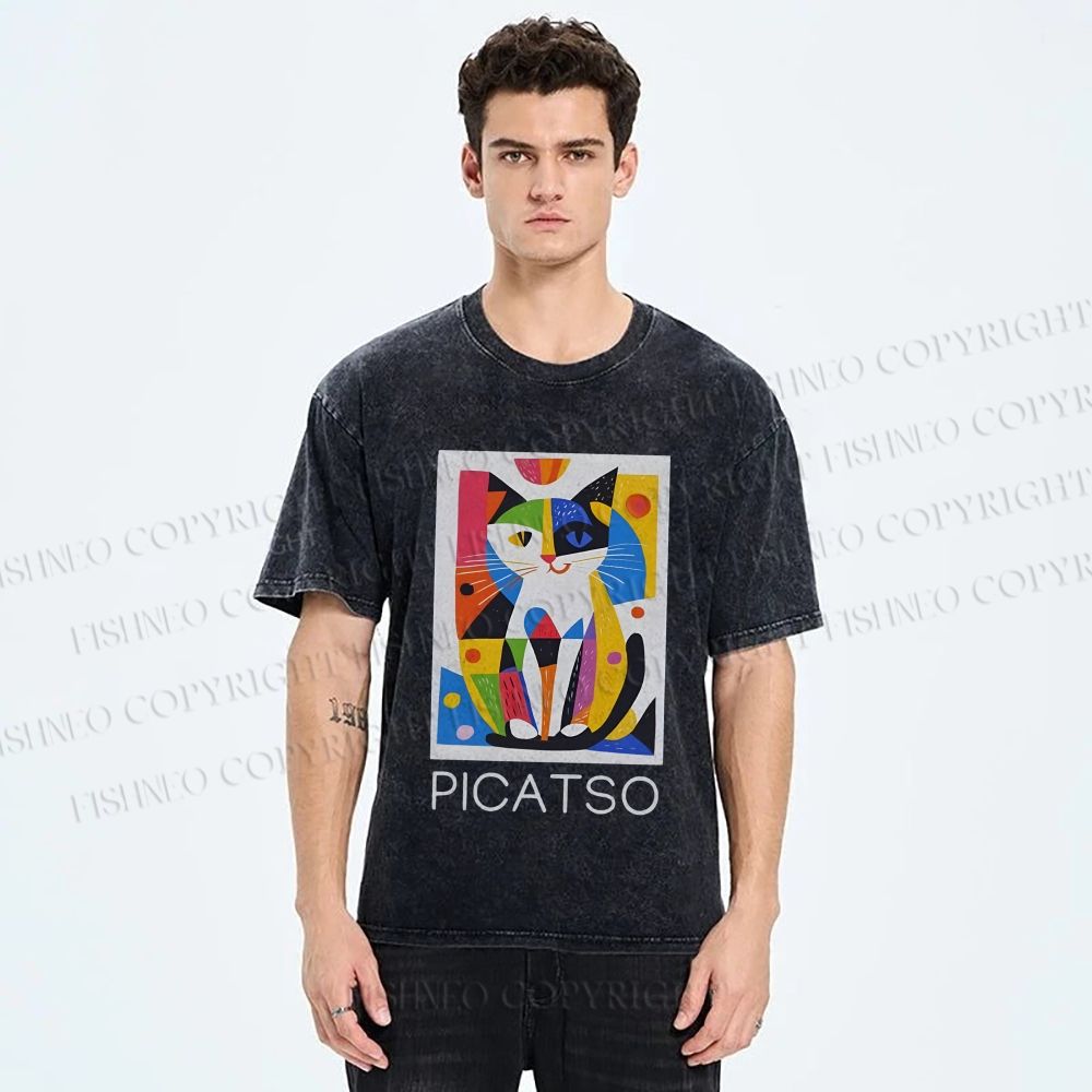 Unisex Vintage Picatso Cat Graffiti Printed Washed Tee