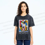 Unisex Vintage Picatso Cat Graffiti Printed Washed Tee
