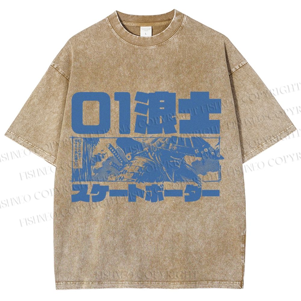 Unisex Vintage Japanese Samurai Printed Washed Tee