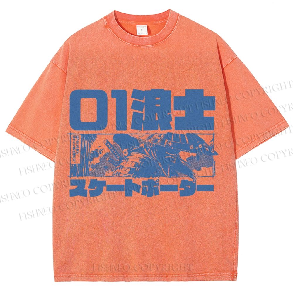 Unisex Vintage Japanese Samurai Printed Washed Tee