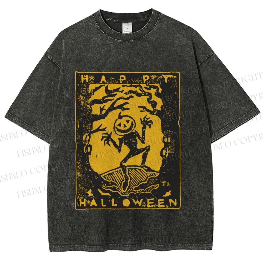 Unisex Vintage Silly Pumpkin Halloween Printed Washed Tee