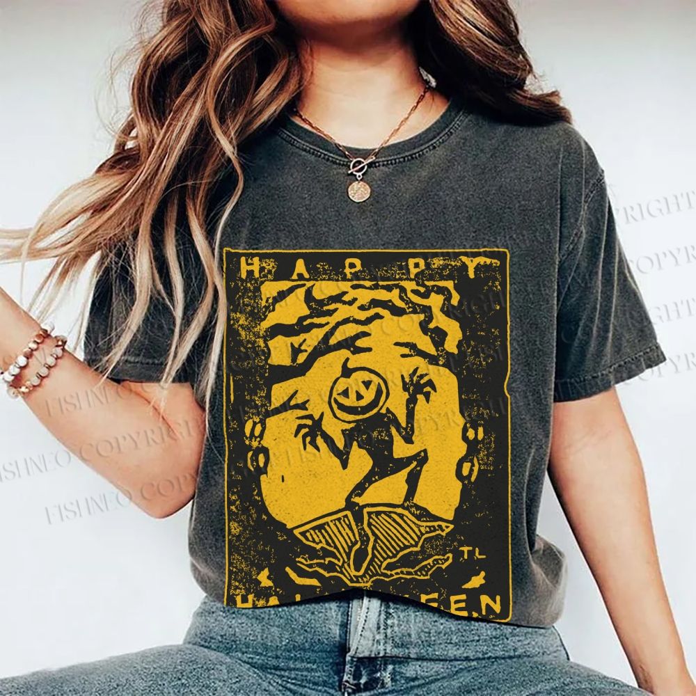 Unisex Vintage Silly Pumpkin Halloween Printed Washed Tee