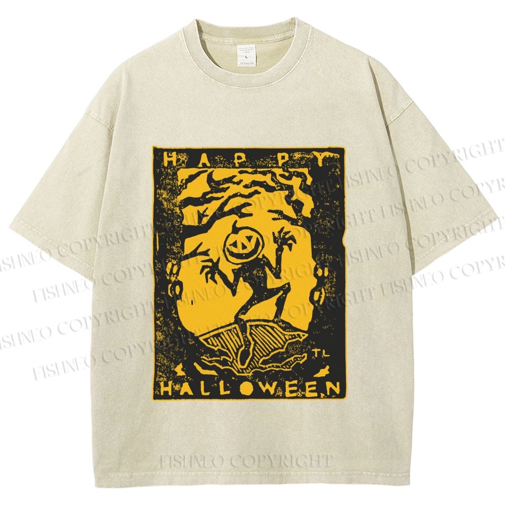 Unisex Vintage Silly Pumpkin Halloween Printed Washed Tee