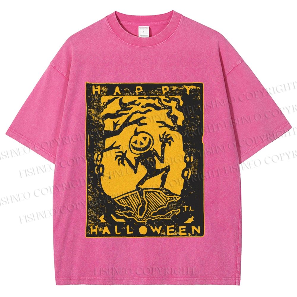 Unisex Vintage Silly Pumpkin Halloween Printed Washed Tee