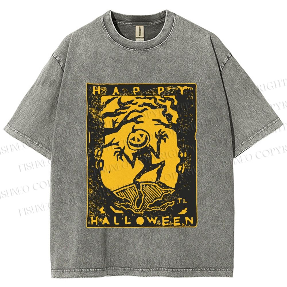 Unisex Vintage Silly Pumpkin Halloween Printed Washed Tee