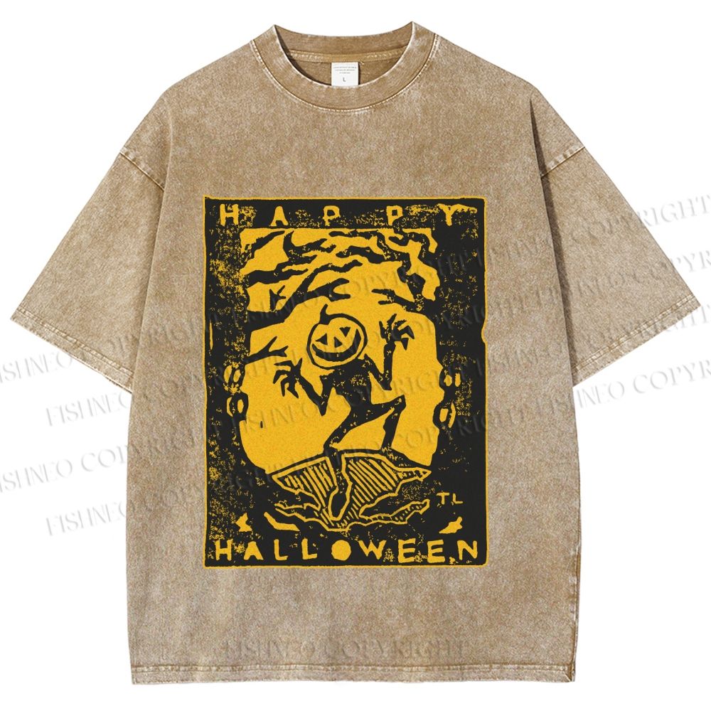 Unisex Vintage Silly Pumpkin Halloween Printed Washed Tee