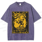 Unisex Vintage Silly Pumpkin Halloween Printed Washed Tee
