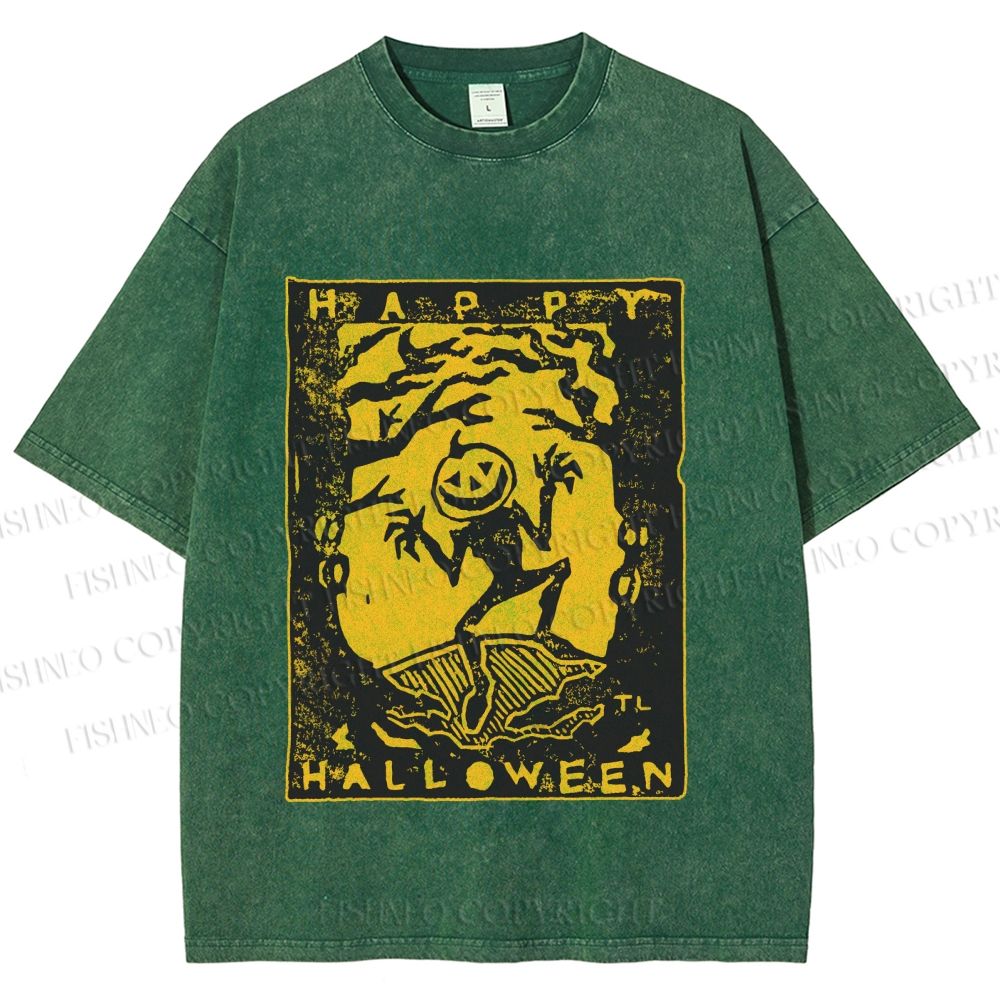 Unisex Vintage Silly Pumpkin Halloween Printed Washed Tee